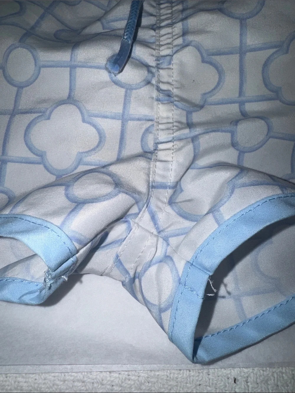 Edgehill Collection White & Baby Blue Geometric Kids Swim Trunks Set